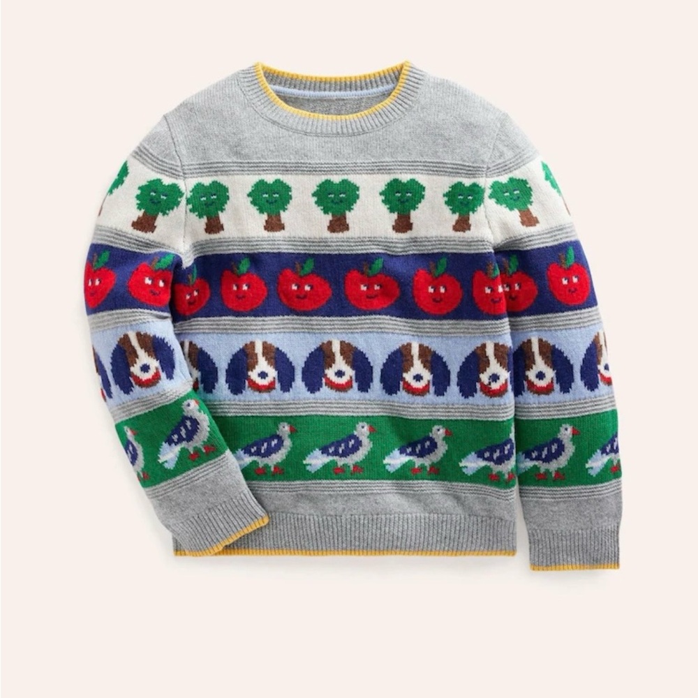 Mini Boden Gray Multicolor Patterned Crewneck Sweater